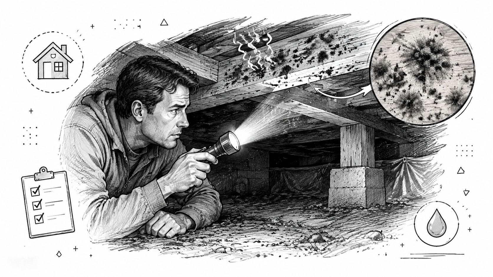 A professional inspector examines a crawl space for mold using a flashlight, showing a detailed magnified view.