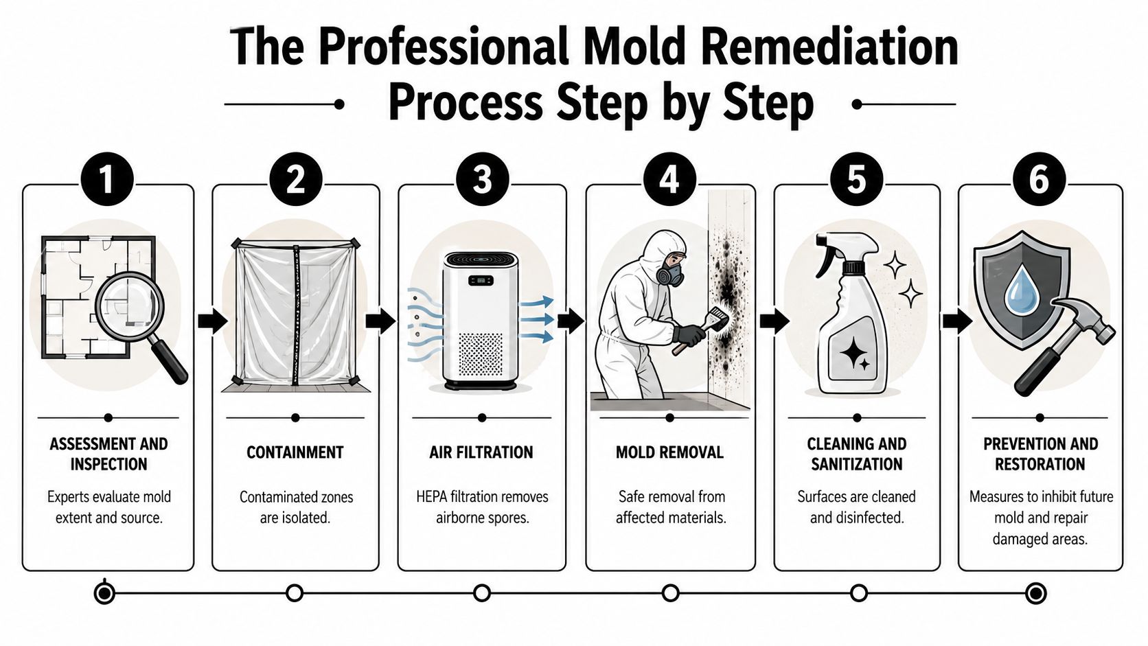 A step-by-step infographic illustrating the professional process for residential mold remediation, from inspection to final restoration.