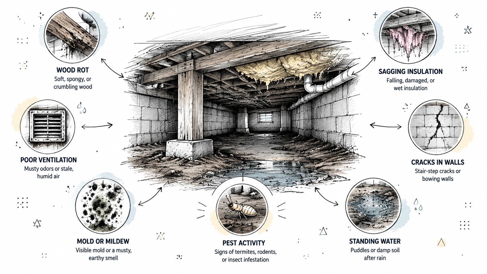 A detailed diagram illustrating common crawl space problems like wood rot, water, pests, and wall cracks.