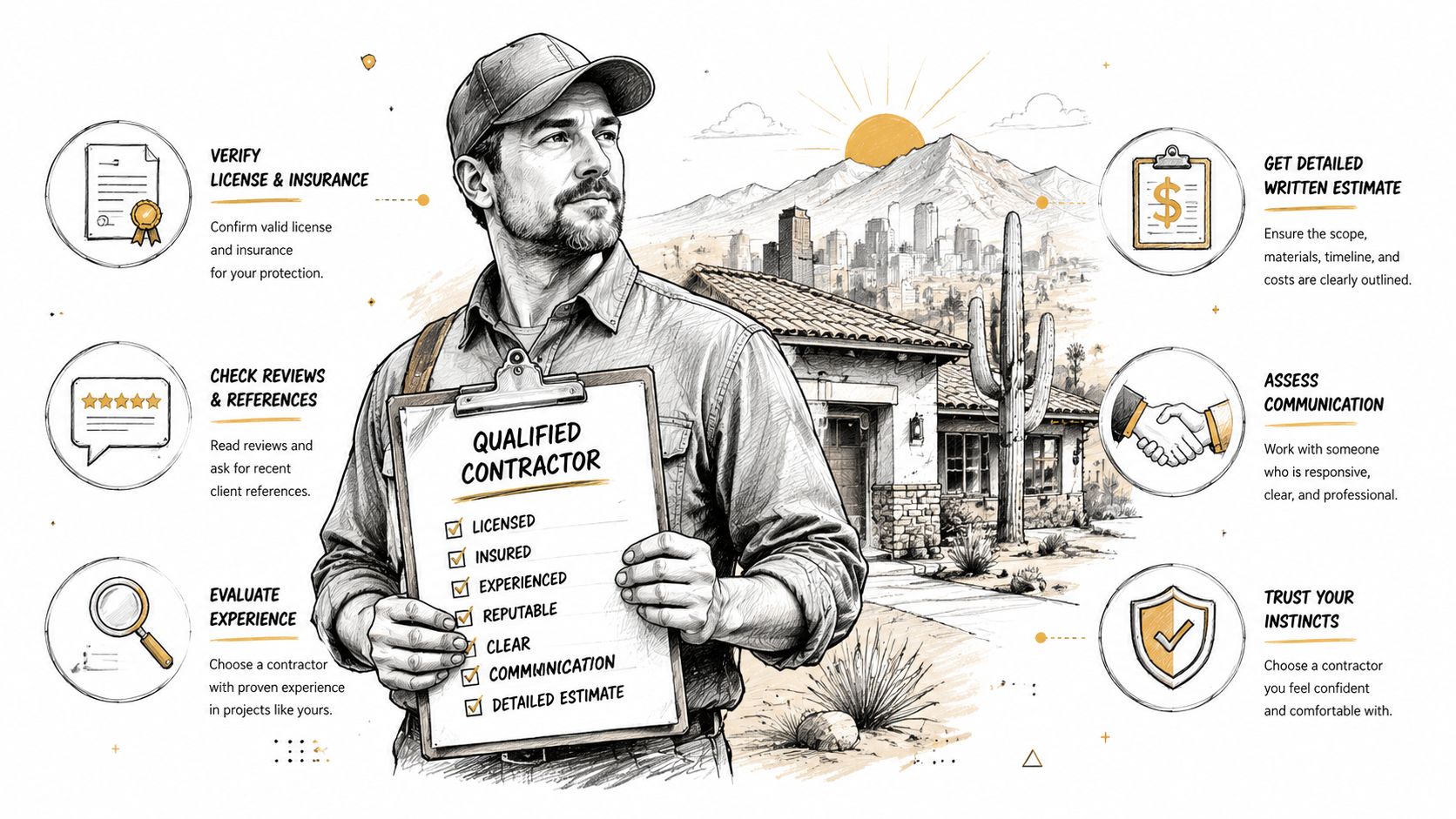 A qualified contractor holding a checklist highlighting key steps for choosing the right professional for home projects.