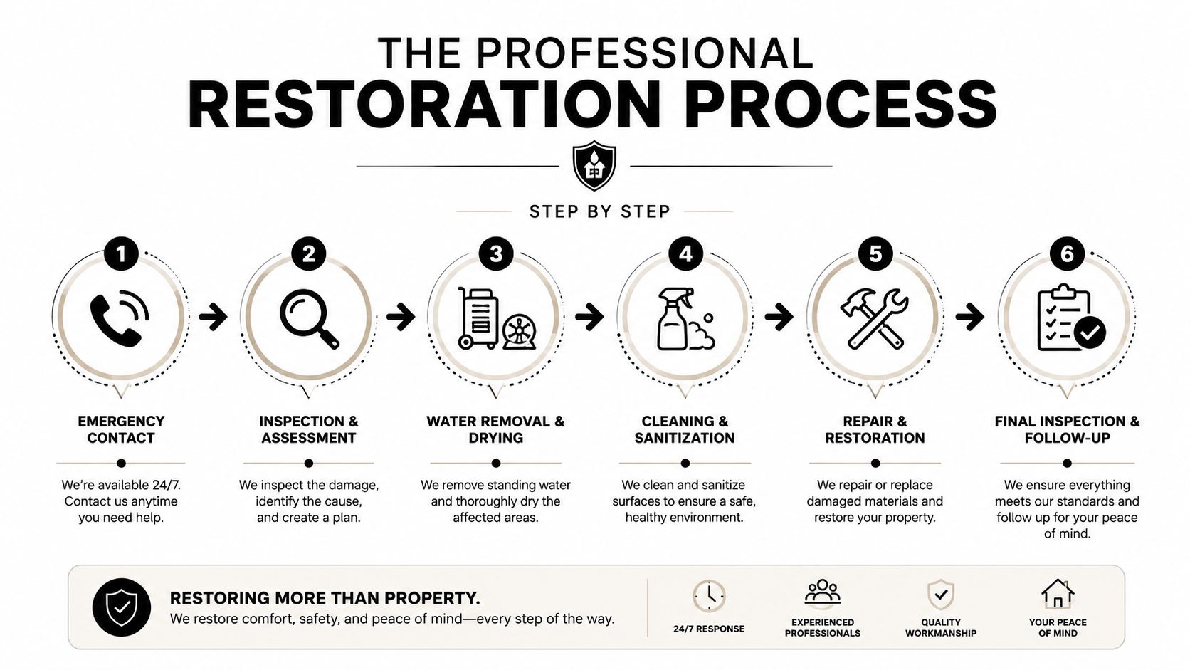 A professional infographic outlining the six-step property damage restoration process from emergency contact to final inspection.