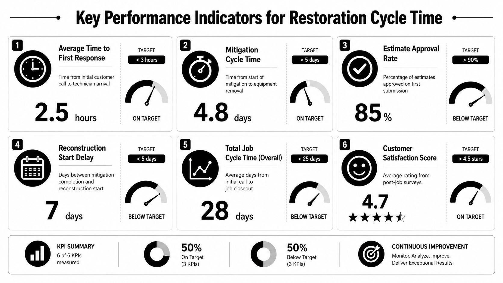 A dashboard showing key performance indicators for restoration cycle times including response time, mitigation, and customer satisfaction.