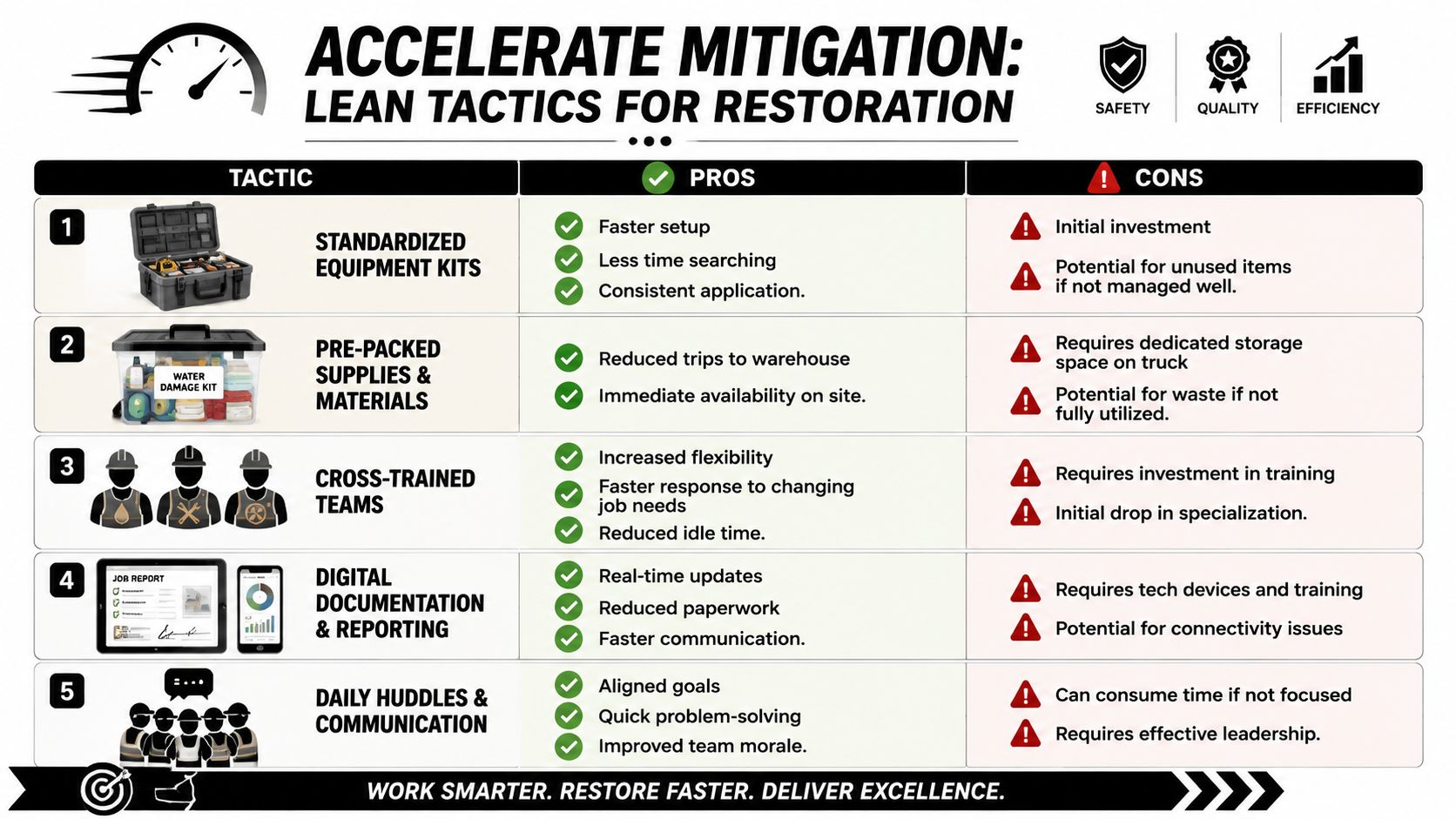 A table outlining five lean tactics for accelerating restoration projects, including pros and cons for each method.