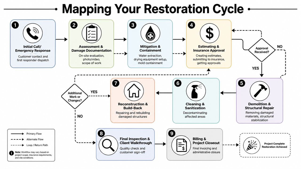 A flowchart diagram titled Mapping Your Restoration Cycle showing the nine steps of the disaster restoration process.
