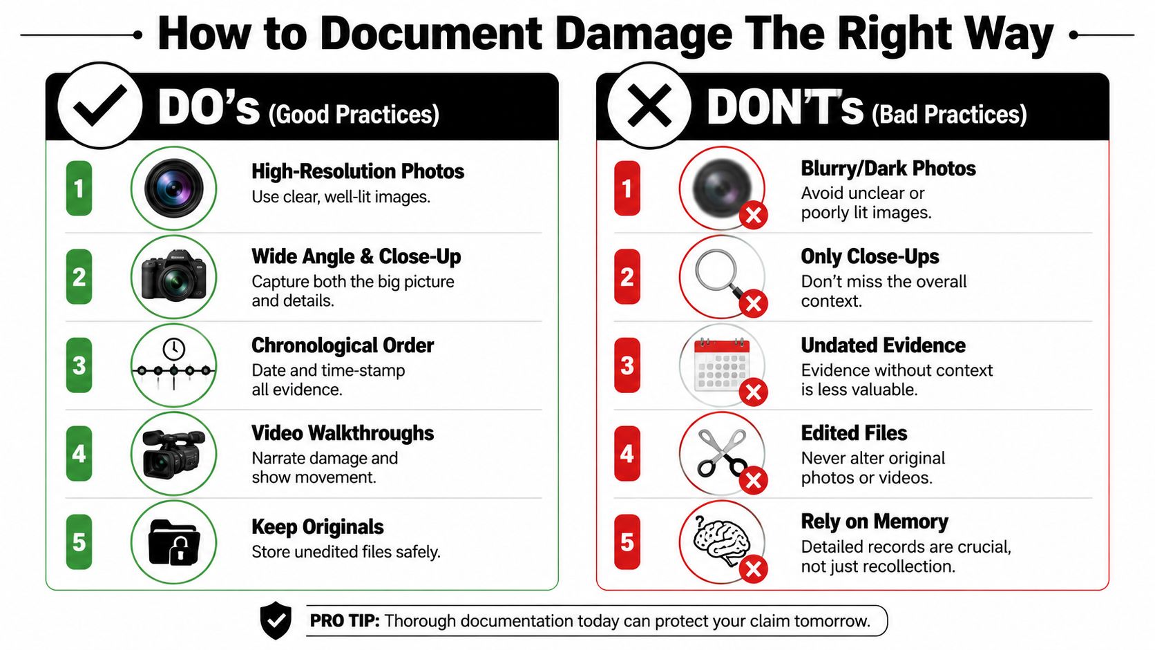 An infographic showing best practices and common mistakes for documenting property damage for insurance claims.
