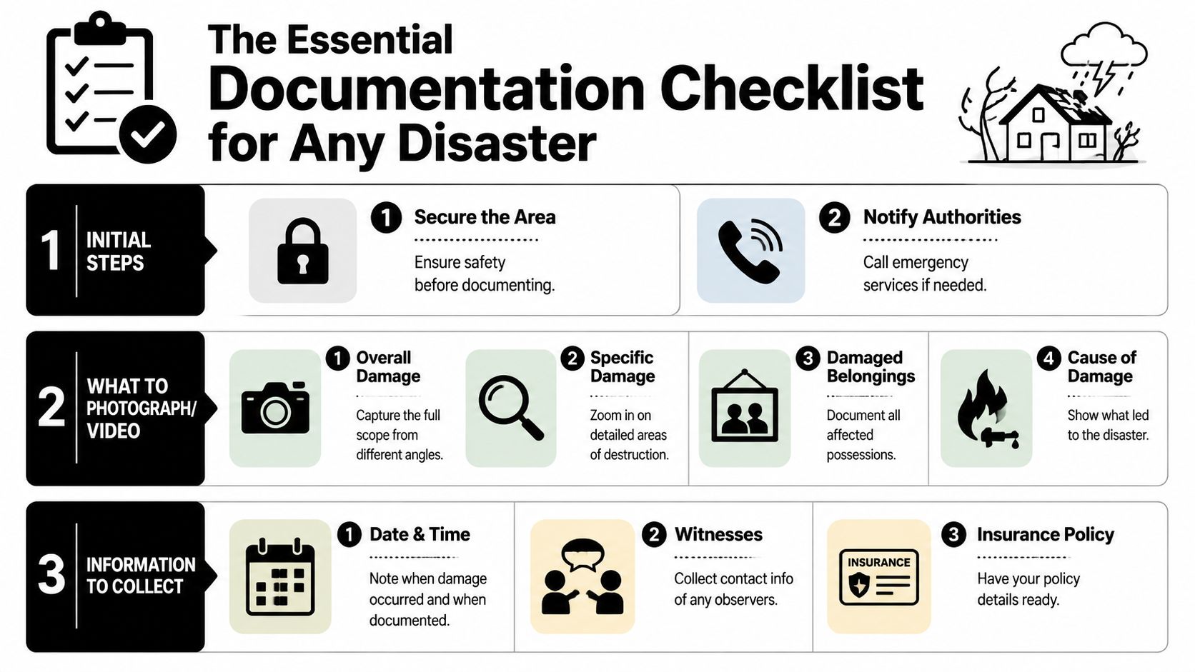 A disaster recovery checklist infographic showing steps for documenting property damage for insurance and insurance claims.