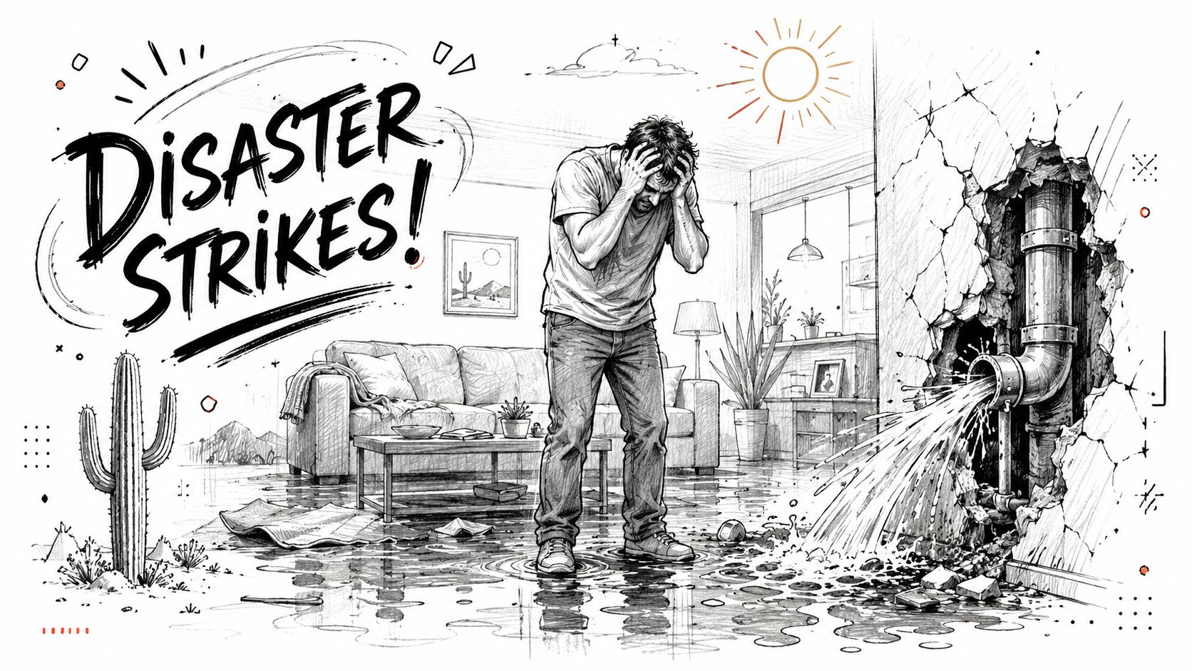 A distressed man standing in his flooded living room as water sprays from a broken wall pipe.