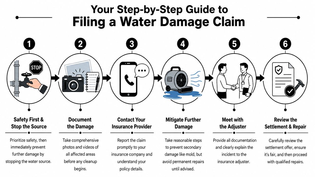 A six-step infographic guide detailing the essential process of filing a water damage insurance claim successfully.