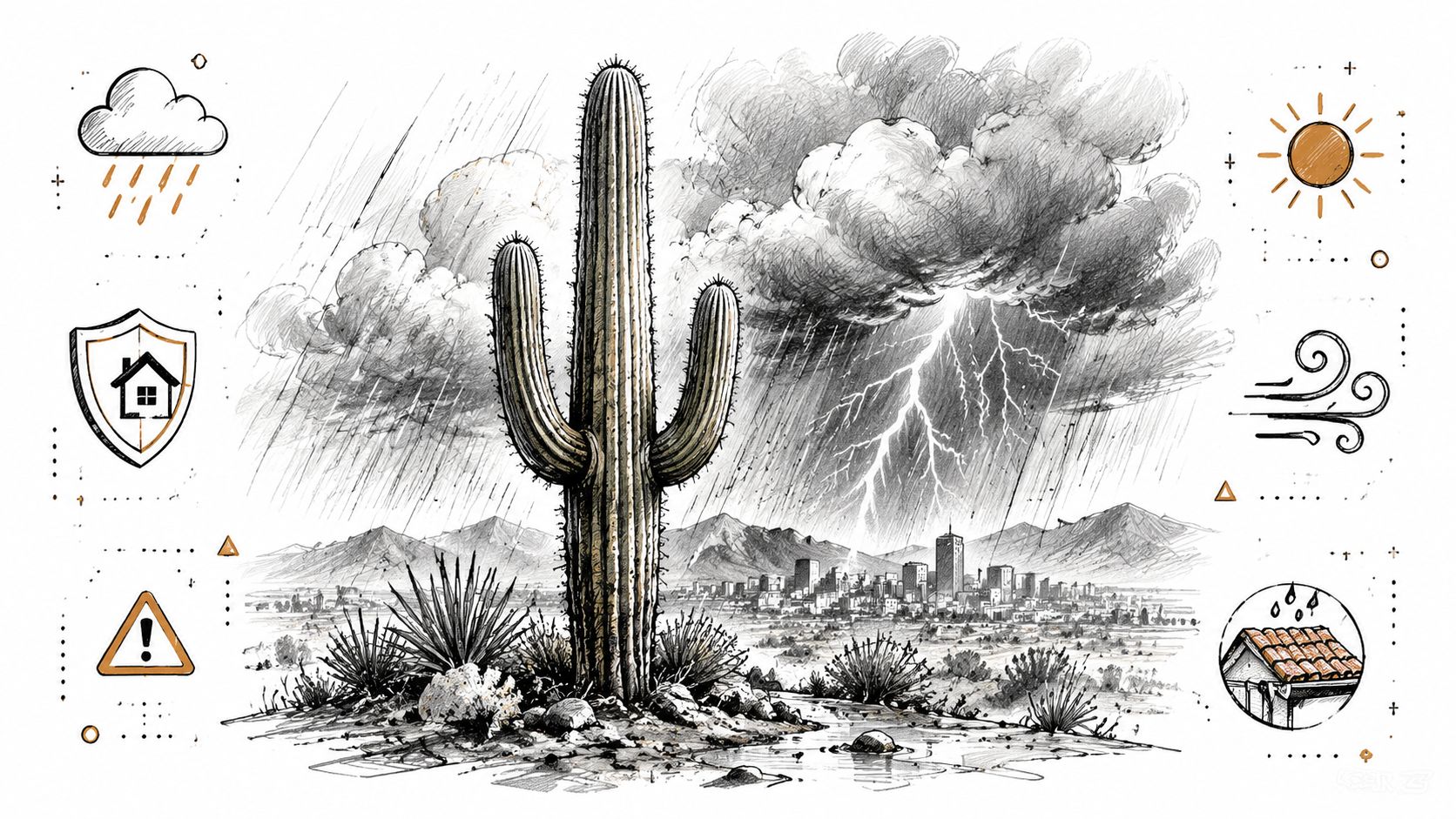 A pencil sketch of a desert scene with a saguaro cactus under a stormy rainy sky.