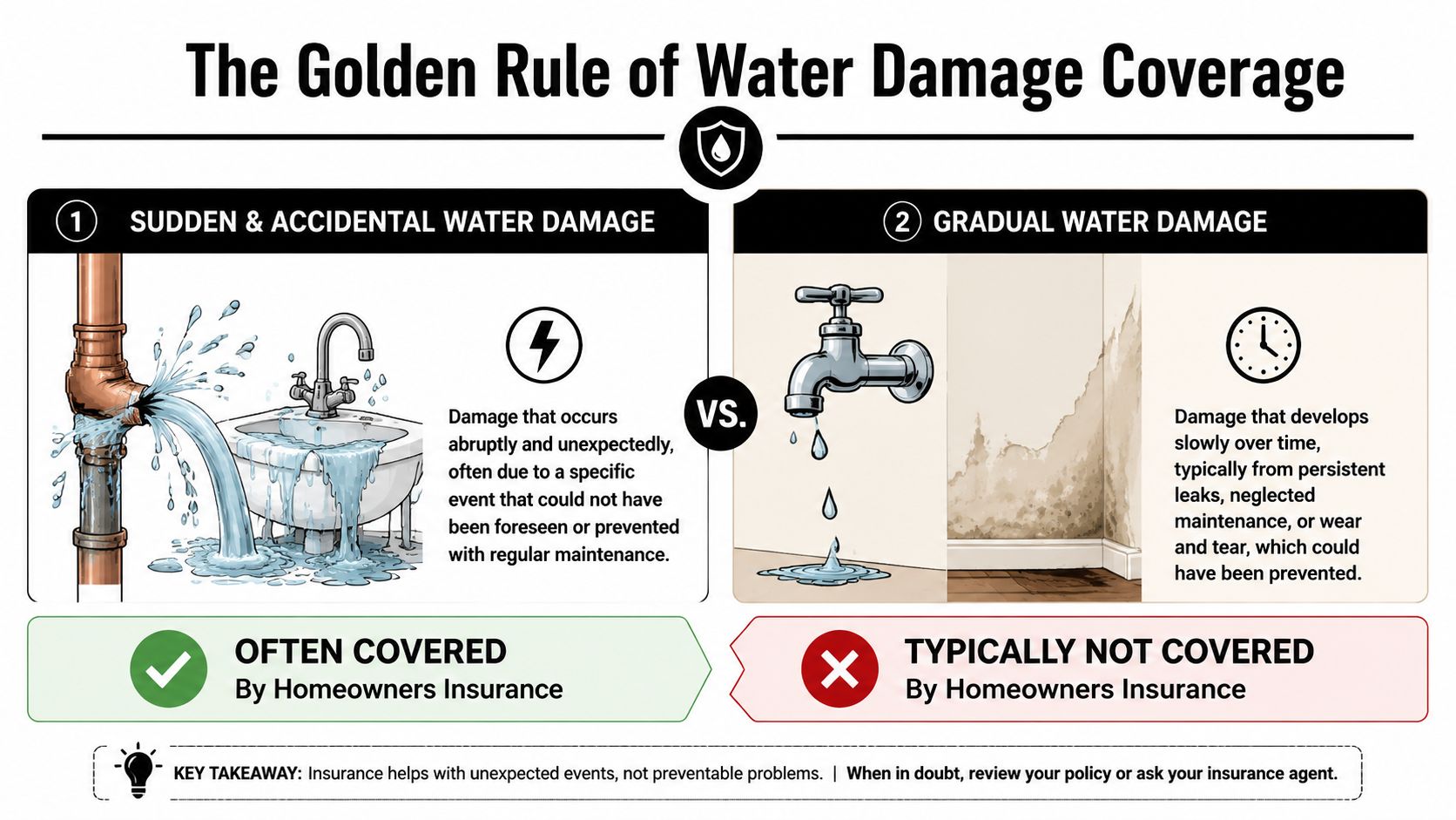 An infographic illustrating that homeowners insurance typically covers sudden water damage but excludes gradual leak damage.
