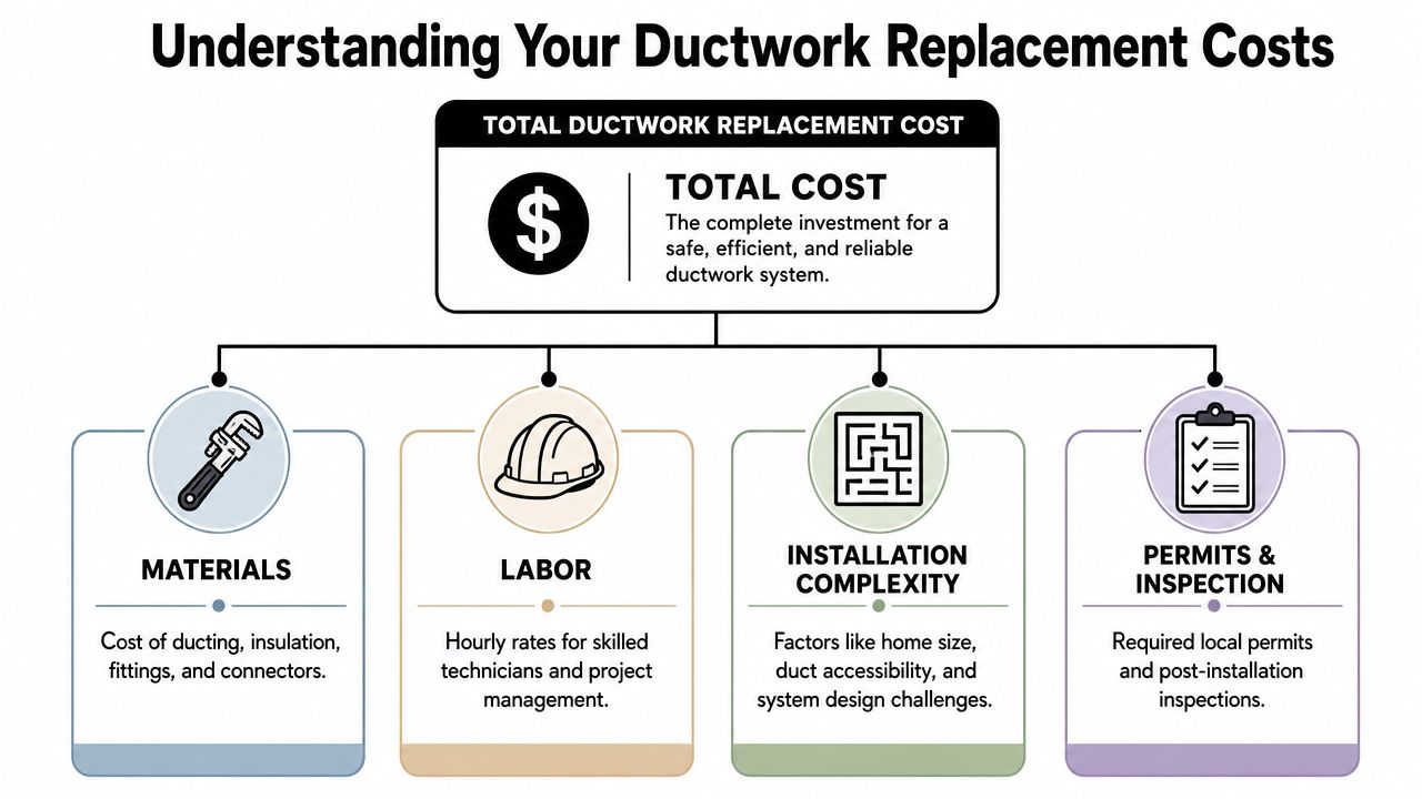 An infographic illustrating the four main factors contributing to total residential ductwork replacement costs.