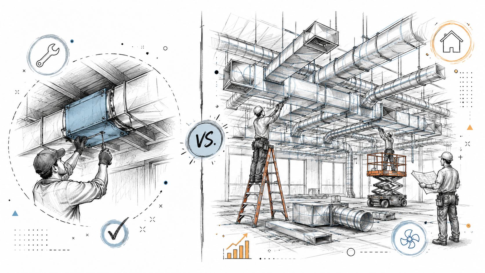 A comparison illustration showing residential ductwork repair on the left and commercial ventilation installation on the right.