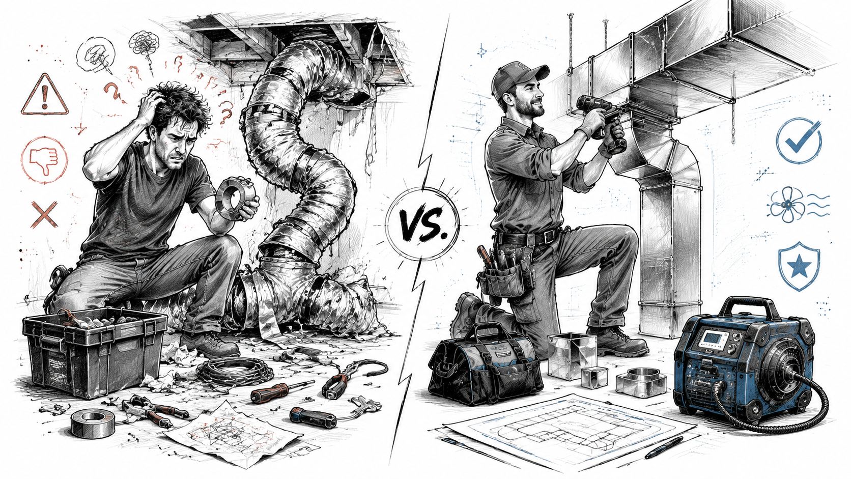 A side-by-side comparison between an amateur struggling with DIY ductwork and a professional technician installing HVAC systems.