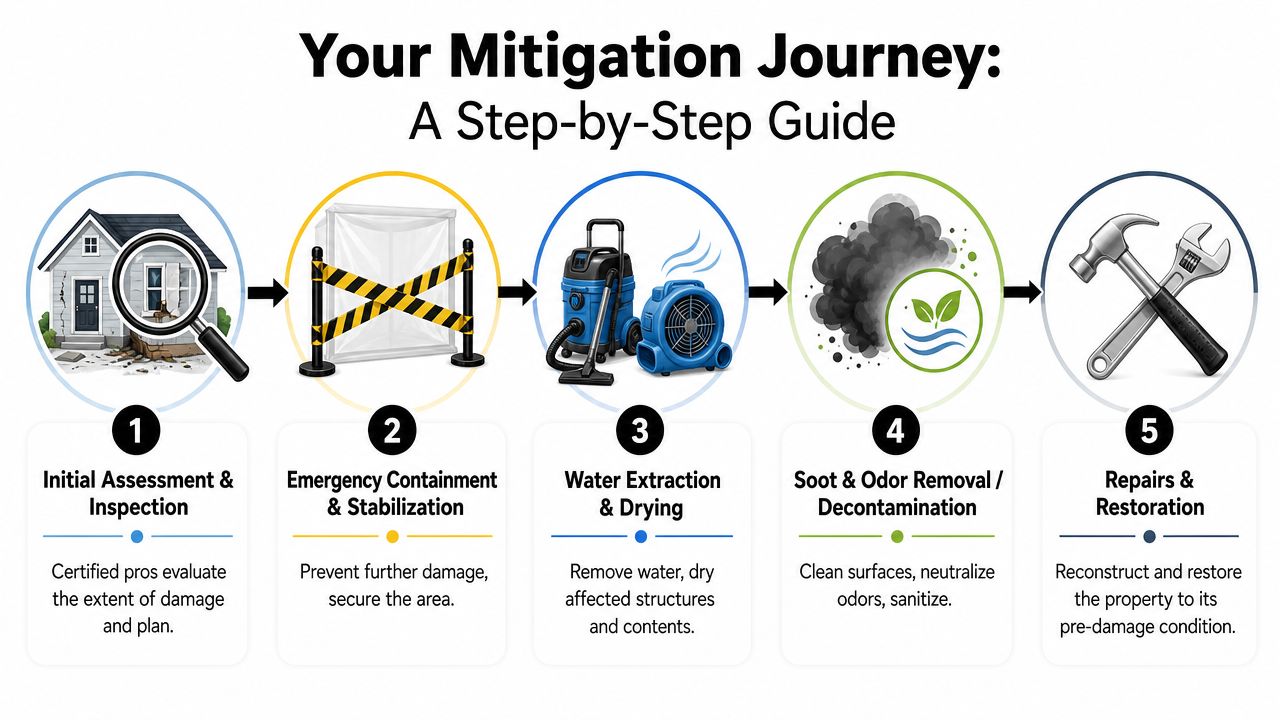 A five-step infographic illustrating the professional property emergency mitigation and restoration process from assessment to final repairs.
