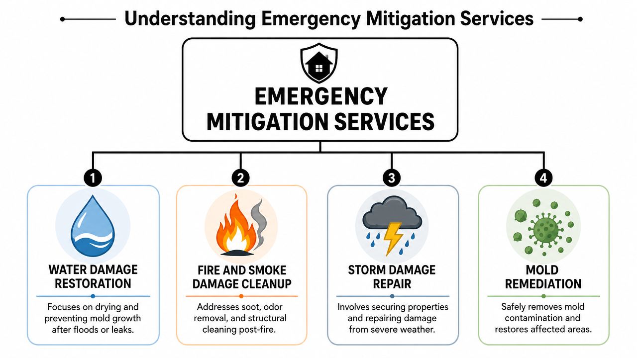 A diagram outlining the four main categories of emergency mitigation services: water, fire, storm, and mold restoration.