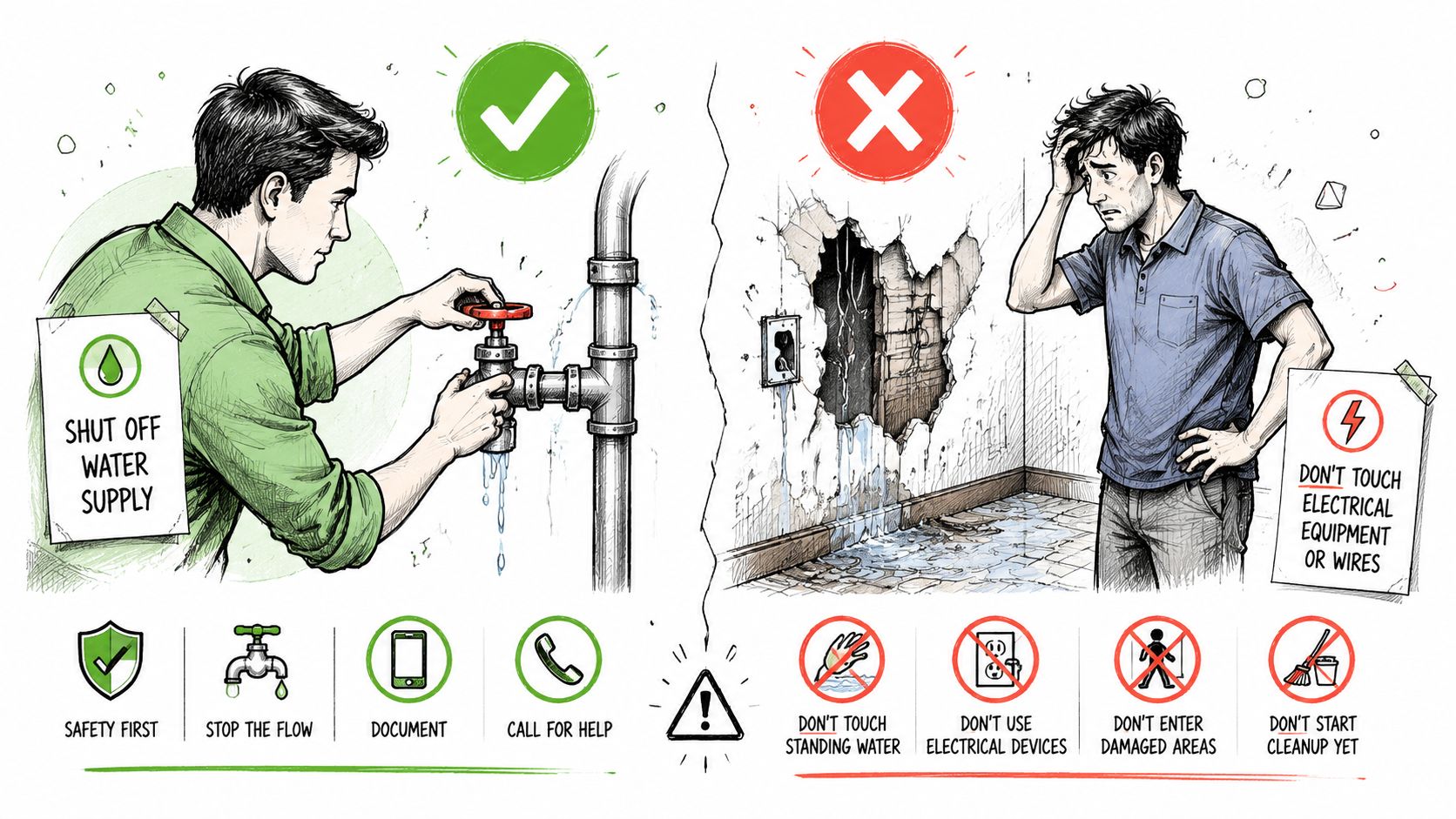 An educational infographic showing the right and wrong ways to handle a household water damage emergency.