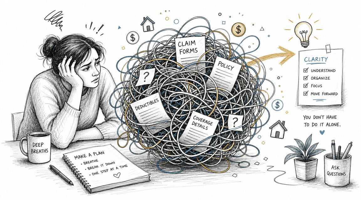 A woman feeling overwhelmed by complex insurance paperwork, representing stress and the need for guidance.