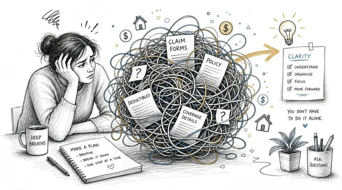 A woman feeling overwhelmed by complex insurance paperwork, representing stress and the need for guidance.