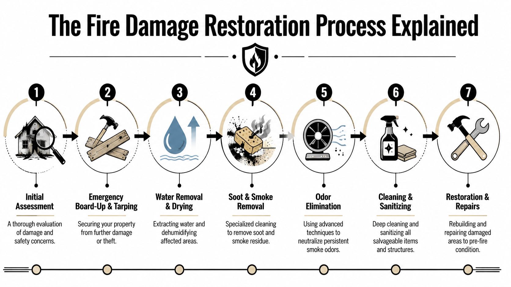 A seven-step infographic detailing the professional fire damage restoration process from initial assessment to final repairs.