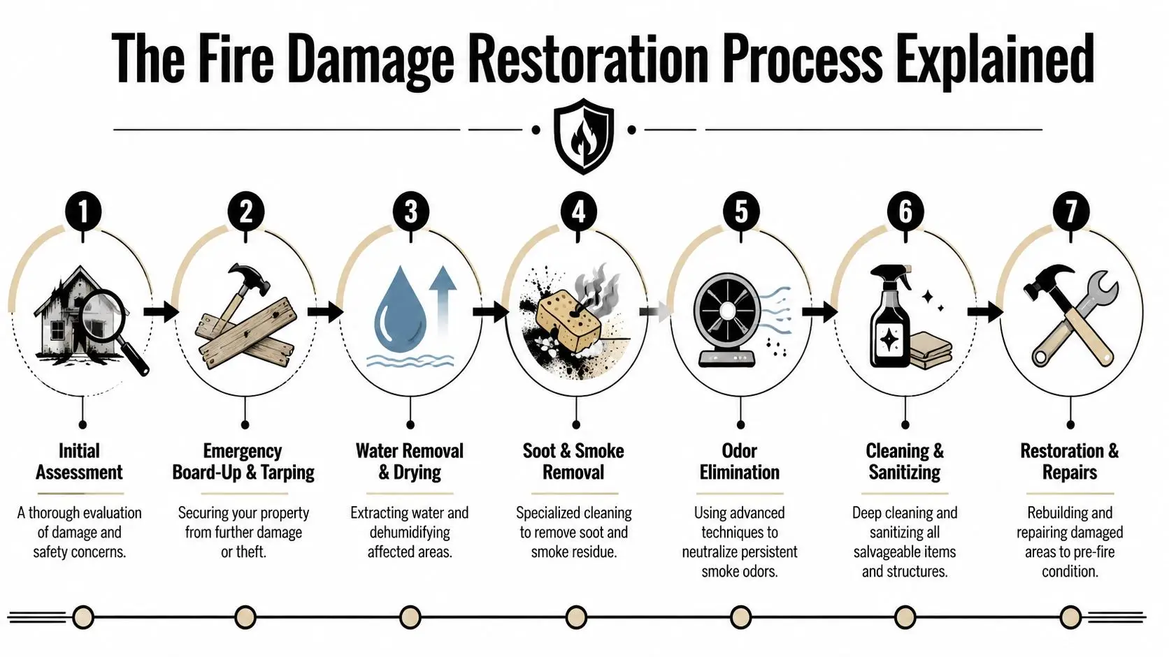 A seven-step infographic detailing the professional fire damage restoration process from initial assessment to final repairs.