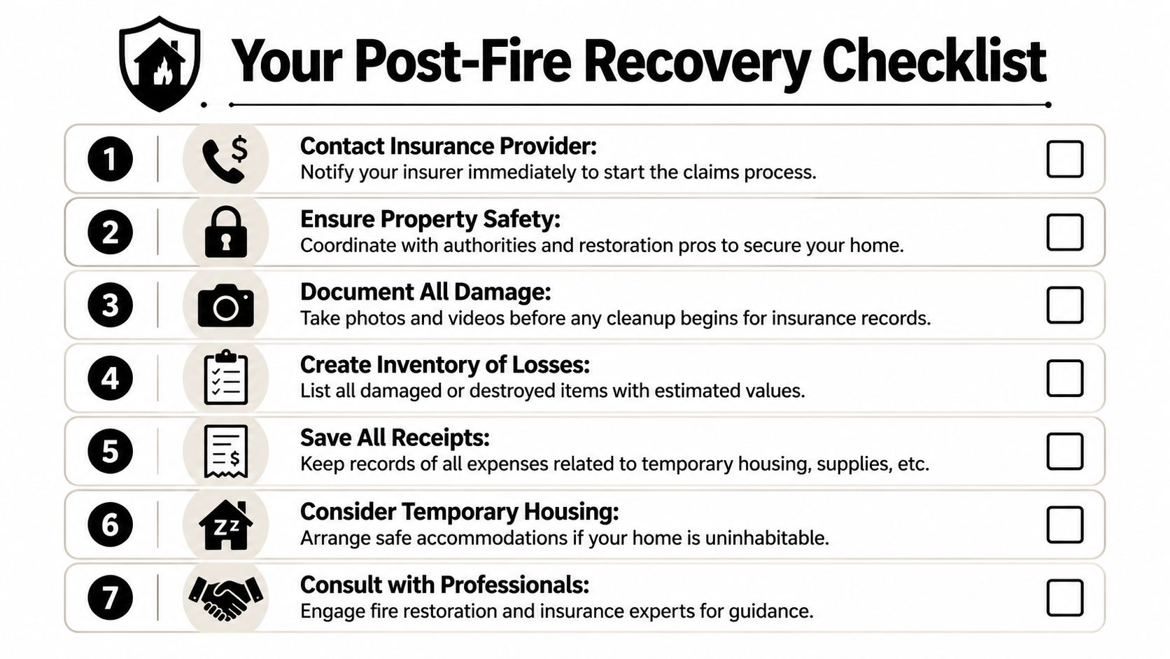 A numbered checklist titled Your Post-Fire Recovery Checklist, outlining seven essential steps for managing fire damage.