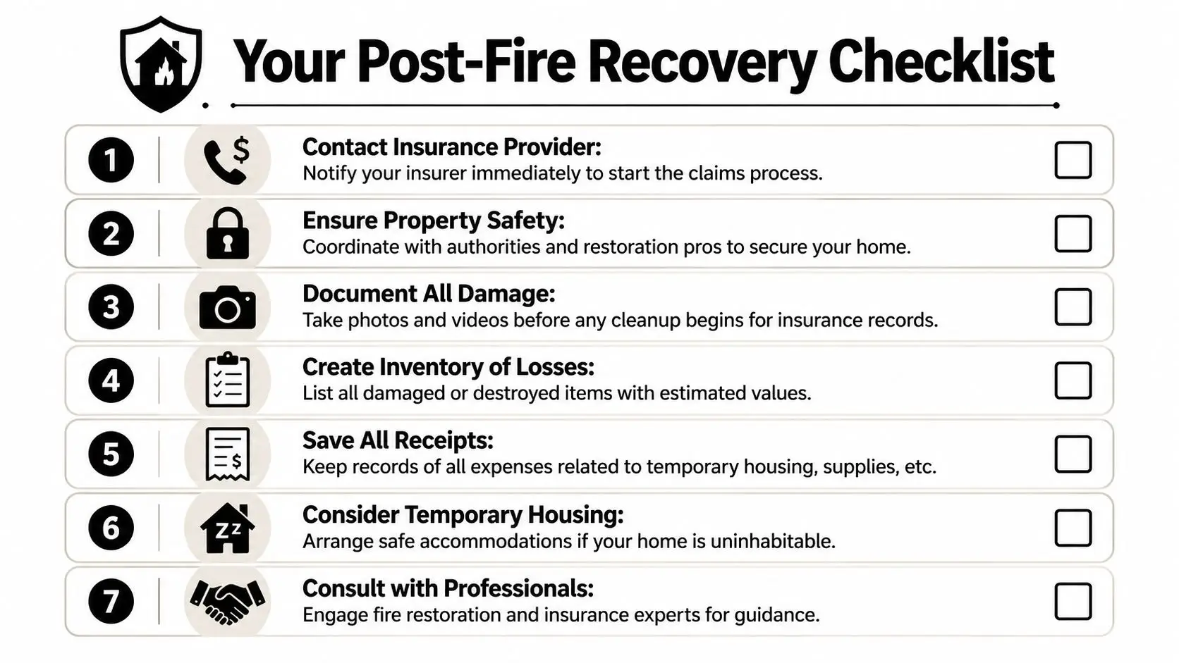 A numbered checklist titled Your Post-Fire Recovery Checklist, outlining seven essential steps for managing fire damage.