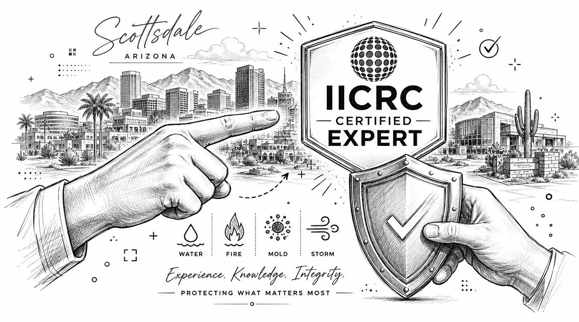 A professional illustration of an IICRC certified expert providing restoration services for fire, water, mold, and storm damage.