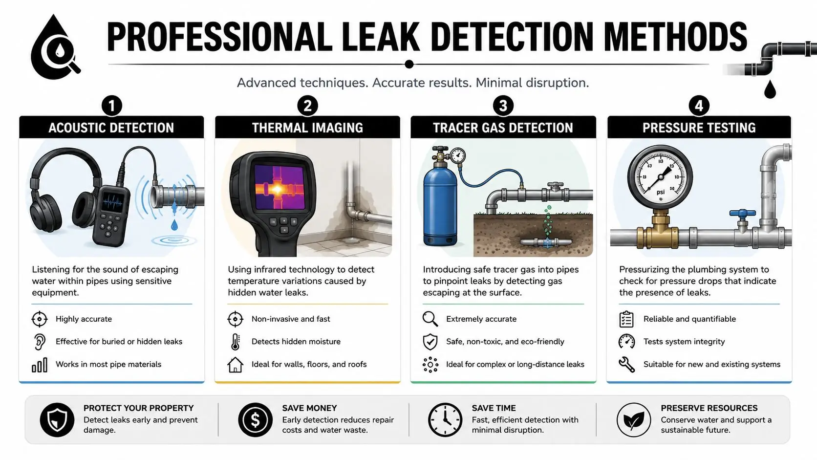 An infographic detailing four professional leak detection methods including acoustic, thermal, tracer gas, and pressure testing techniques.