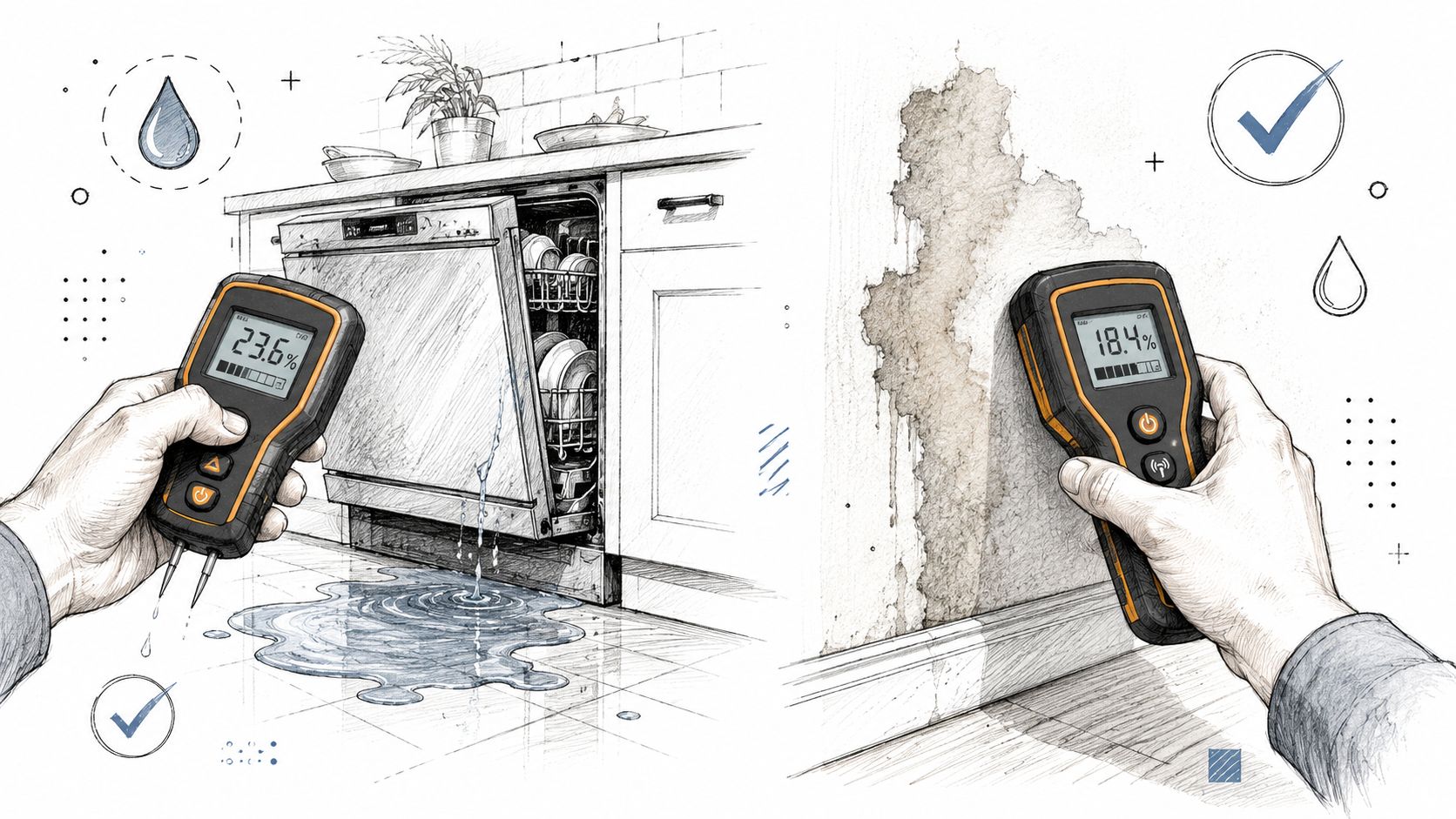 A person uses a moisture meter to measure water damage on a floor and a wall.