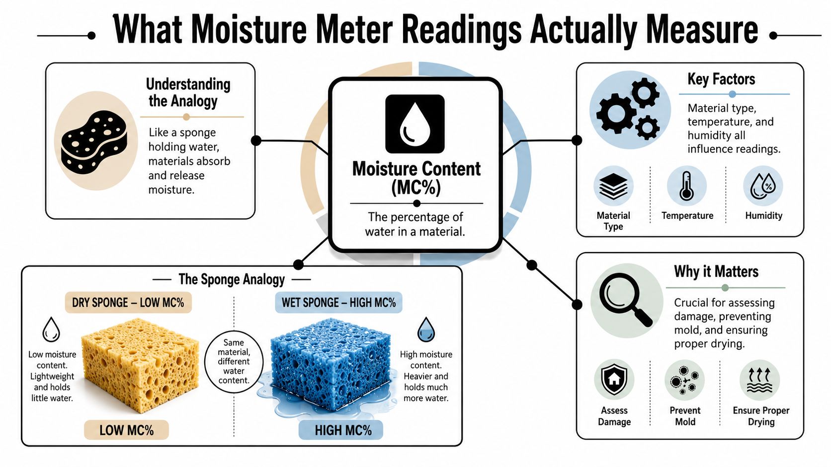 An infographic explaining how moisture meter readings work using a sponge analogy to demonstrate moisture content.