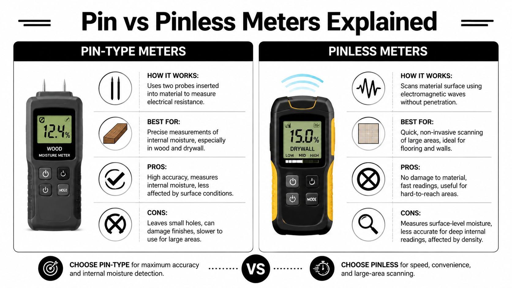 A comparison infographic explaining the differences between pin-type and pinless wood and drywall moisture meters.