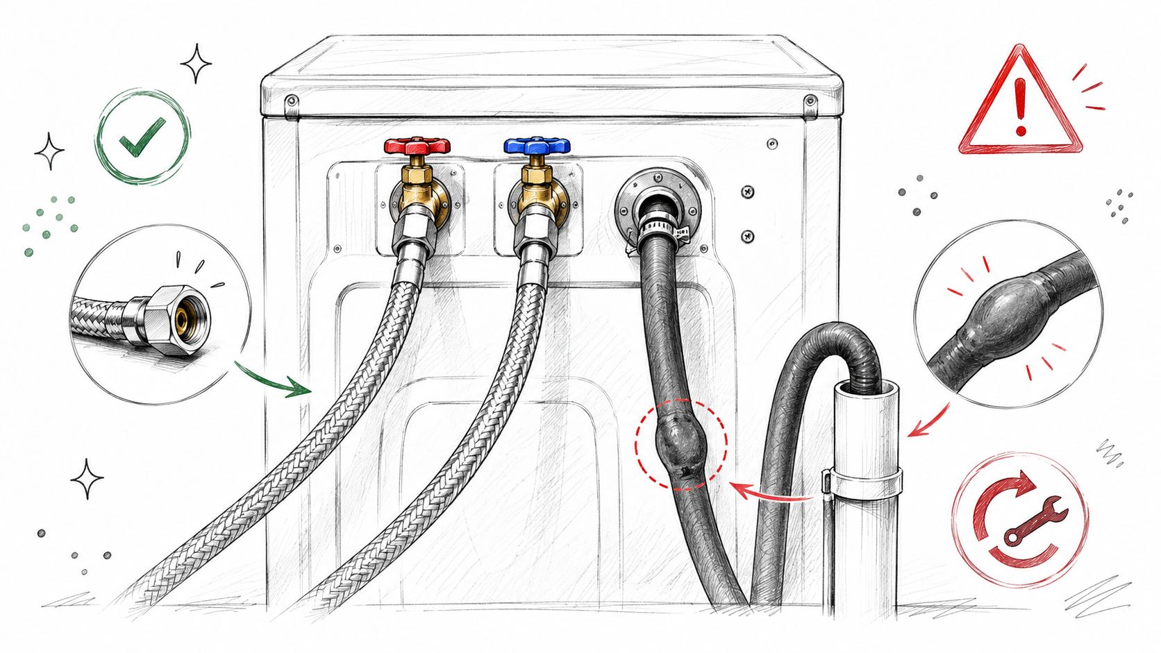 A line drawing illustration comparing a secure braided metal hose connection to a damaged, bulging rubber drain hose.