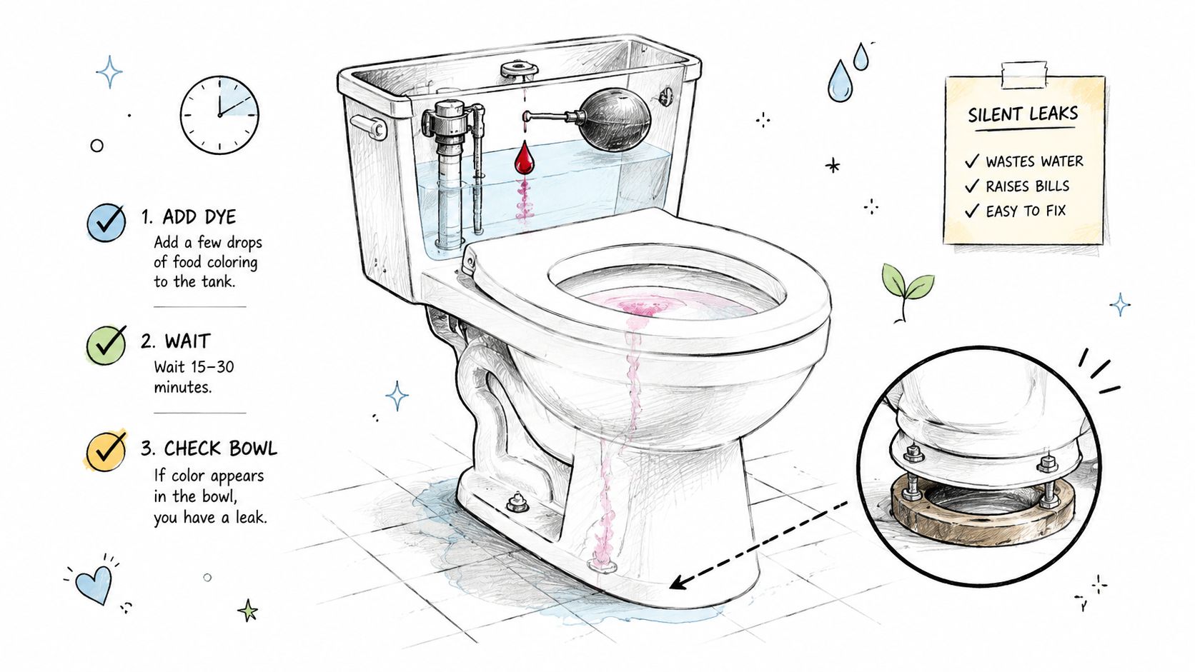 A diagram illustrating how to detect a silent toilet leak using food coloring dye in the tank.