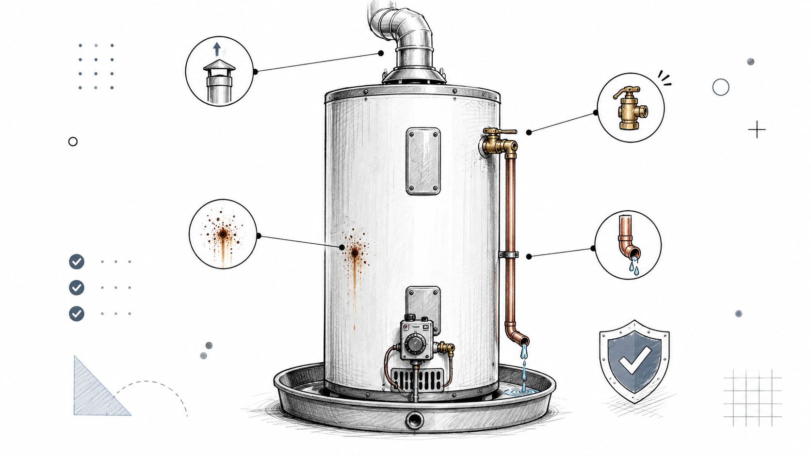 A diagram illustrating common issues with a water heater including leaks, corrosion, and pressure relief valve problems.