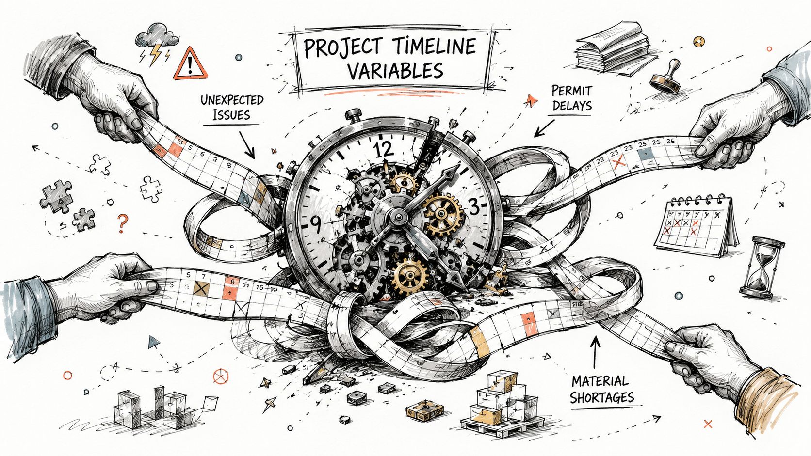An artistic sketch showing hands pulling a tangled project timeline tape around a mechanical clock mechanism.