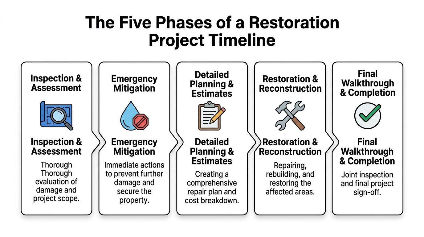A diagram illustrating the five phases of a restoration project timeline from initial assessment to final completion.