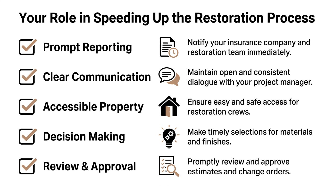 An infographic outlining five key homeowner responsibilities to speed up the property restoration process after damage.