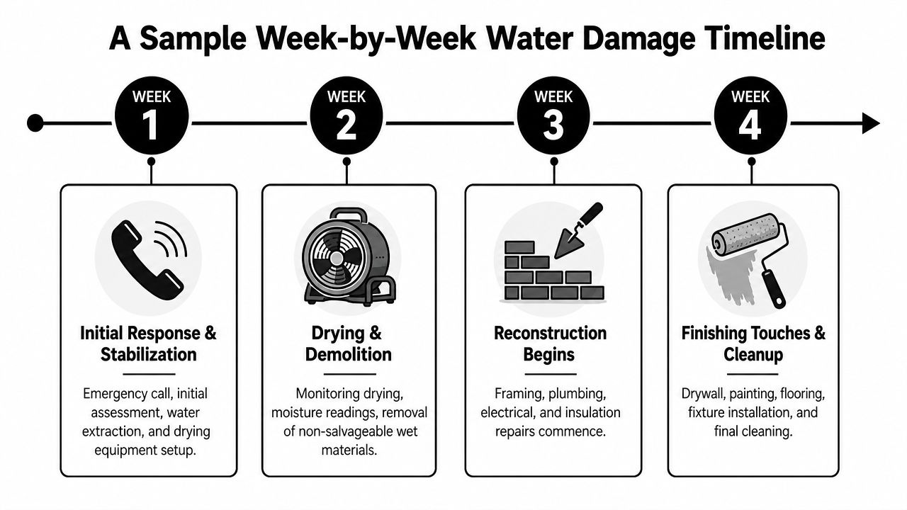 A four-week infographic timeline detailing the stages of professional water damage restoration and property reconstruction.
