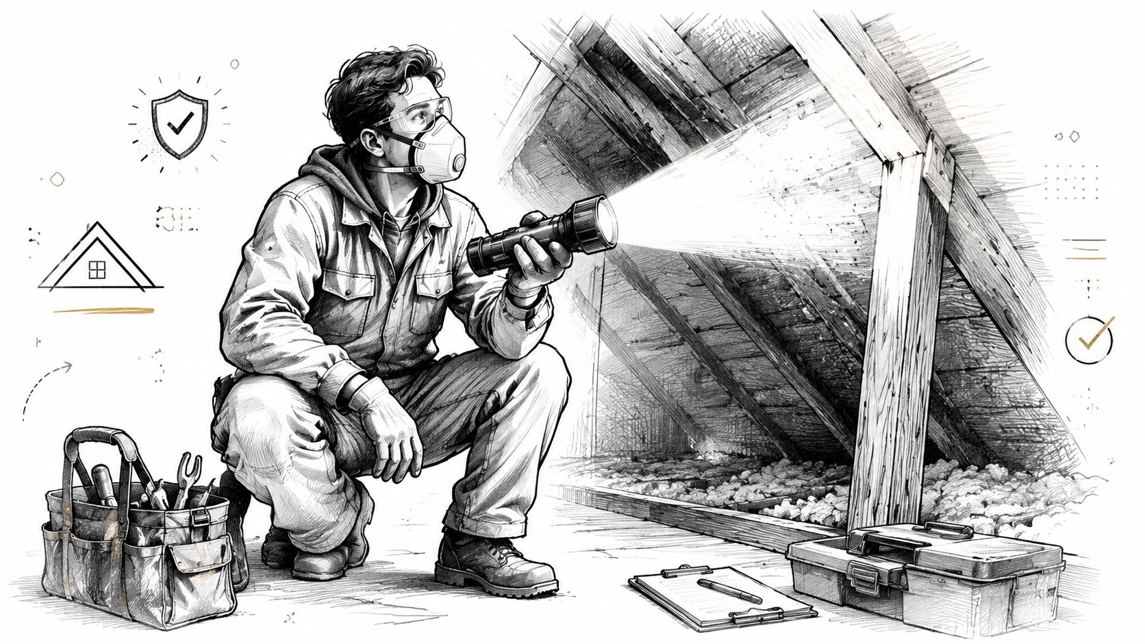 A professional building inspector wearing a safety mask examines a dark attic using a bright flashlight.