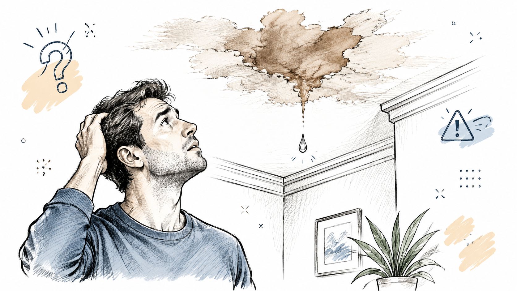 A concerned man looking up at a dark water stain and leaking drop on his ceiling.
