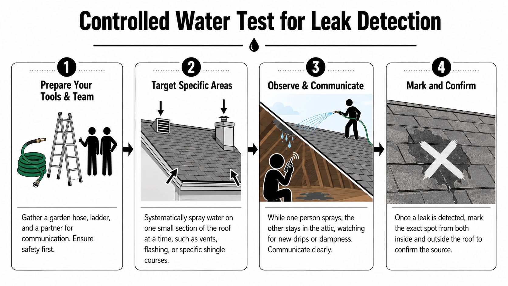 An infographic showing a four-step guide on how to perform a controlled water test for roof leak detection.