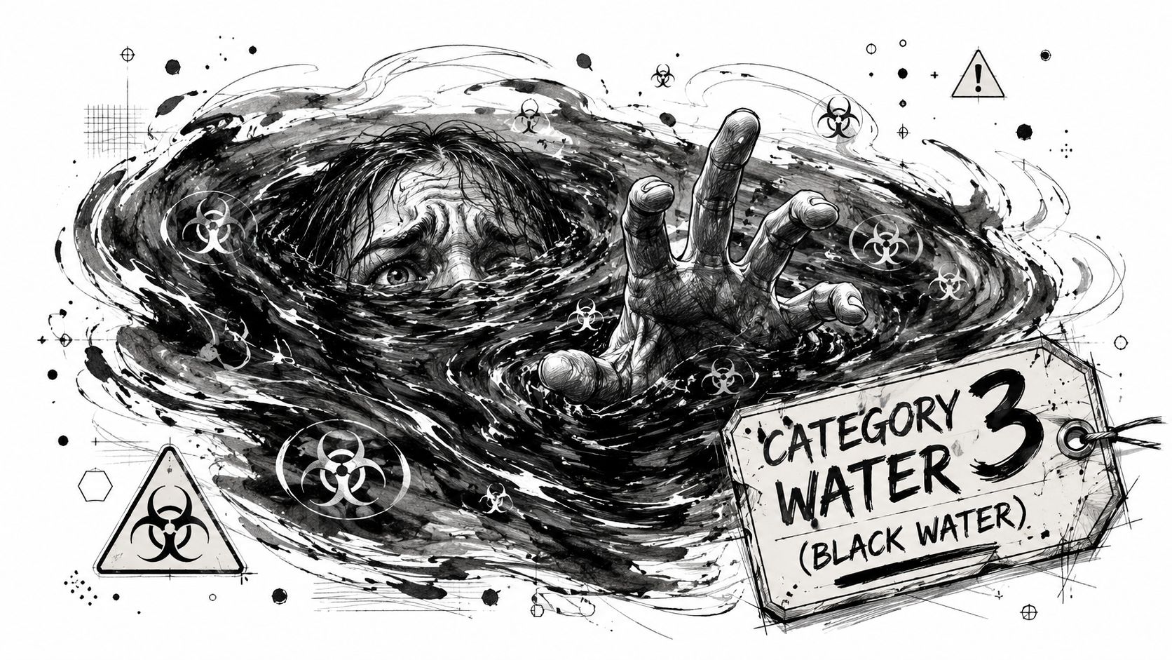 A conceptual illustration of a person drowning in contaminated black water with biohazard warning signs.