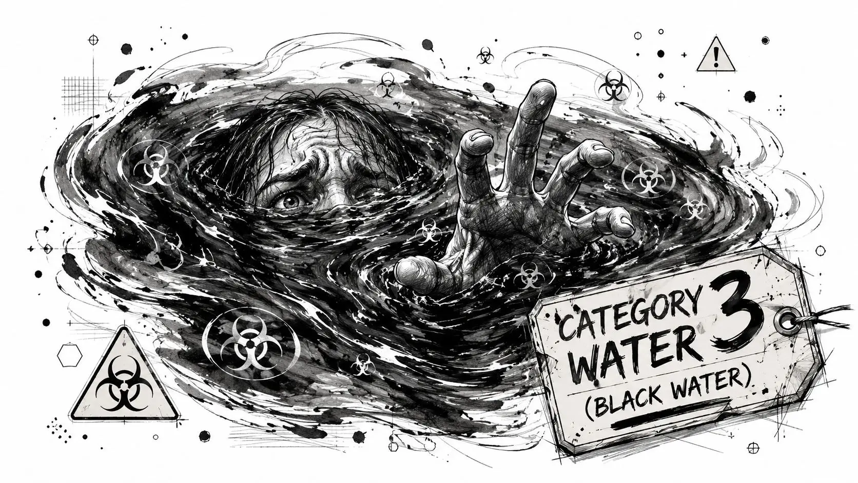 A conceptual illustration of a person drowning in contaminated black water with biohazard warning signs.