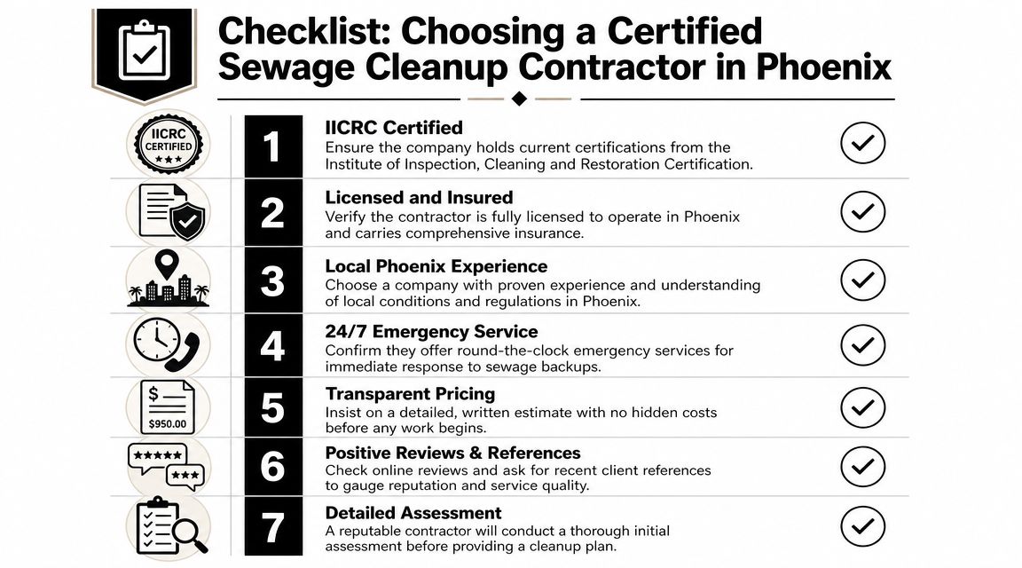 A checklist infographic detailing seven essential criteria for selecting a certified sewage cleanup contractor in Phoenix.
