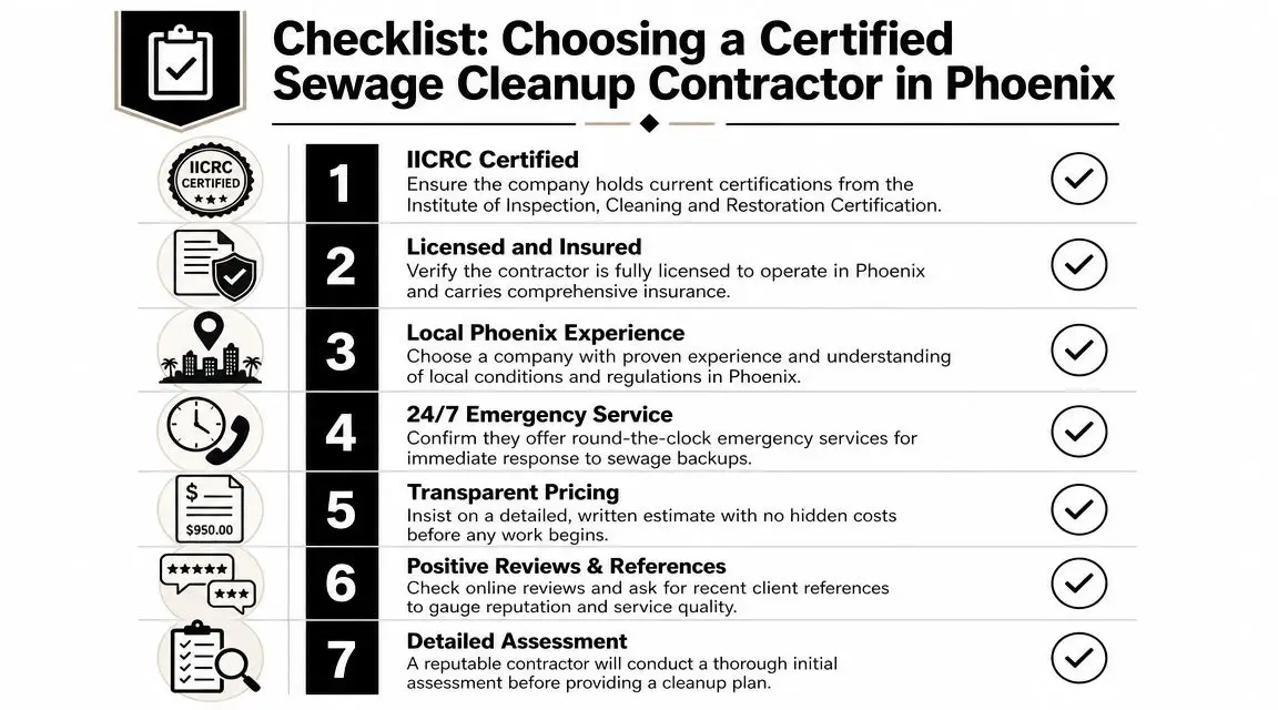 A checklist infographic detailing seven essential criteria for selecting a certified sewage cleanup contractor in Phoenix.