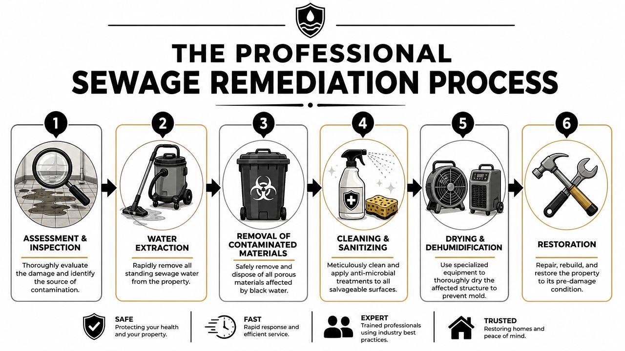 A six-step professional sewage remediation process infographic illustrating assessment, extraction, cleanup, and restoration procedures for properties.
