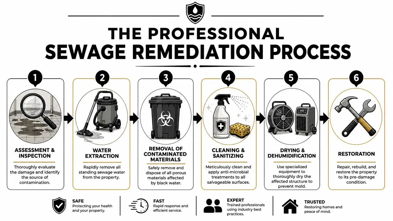 A six-step professional sewage remediation process infographic illustrating assessment, extraction, cleanup, and restoration procedures for properties.