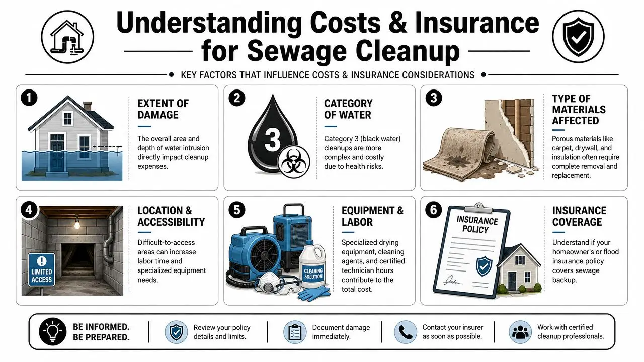 An infographic titled Understanding Costs and Insurance for Sewage Cleanup outlining six key factors impacting service expenses.