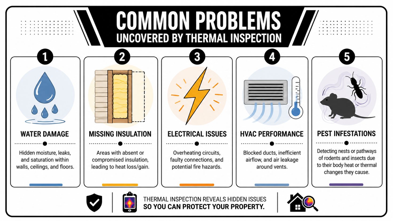 An infographic detailing five common problems in buildings that are easily uncovered using professional thermal inspection techniques.