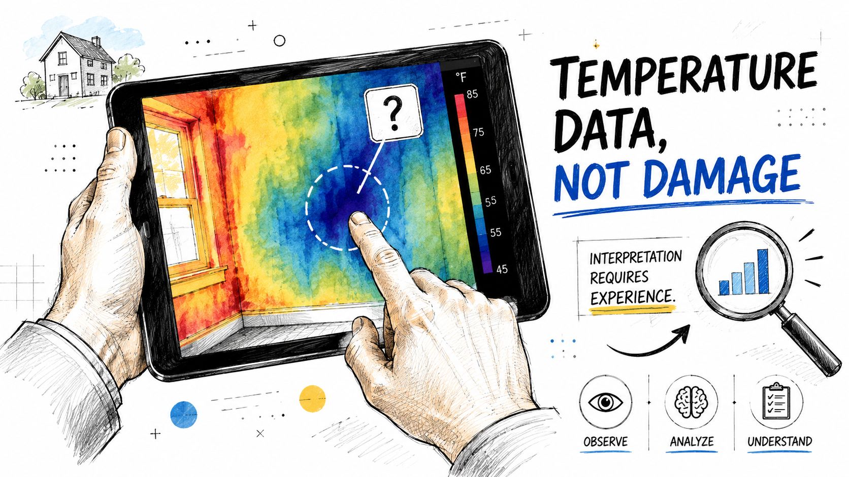 A hand holding a tablet displaying a thermal infrared image of a wall for building inspection.